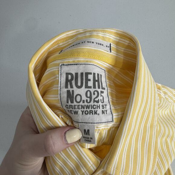 Ruehl 925 Mens Shirt Medium Yellow 100% Cotton Striped Oxford Prep Y2K Old Money - Picture 12 of 15